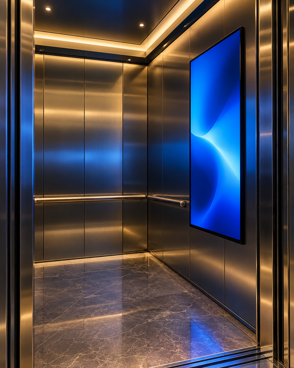 Concept of a digital advertising screen in a premium elevator