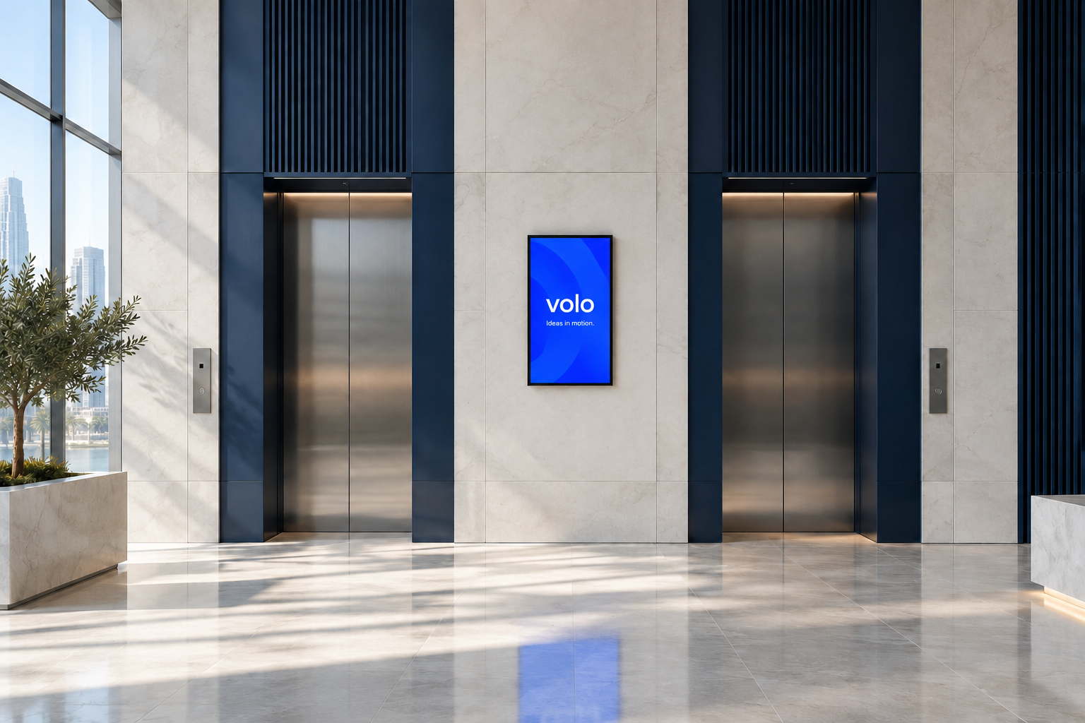 Original volo concept: a portrait display between elevators in a modern lift lobby